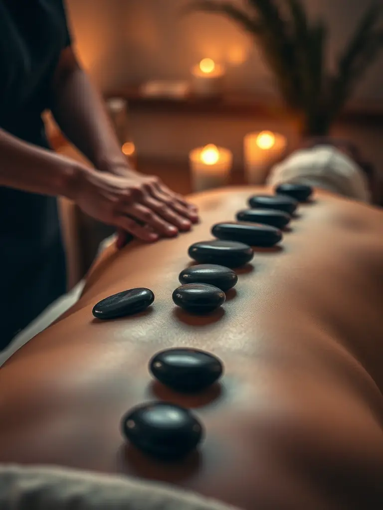 An image showcasing a hot stone massage session, with smooth, heated stones placed strategically on the client's back.